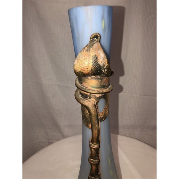 Handmade Blown Vase Engraved With Metal Blue Yellow Art Nouveau Style - Picture 5 of 9